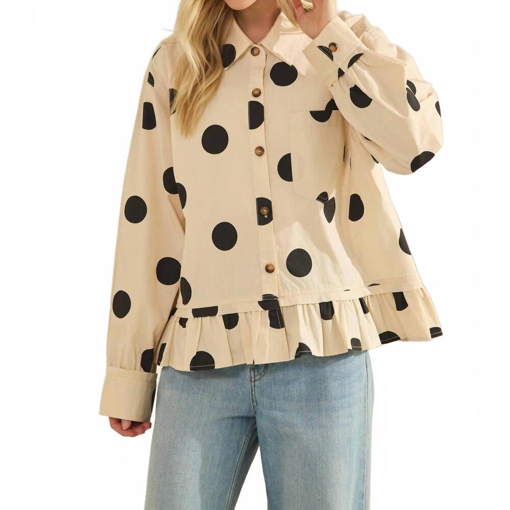 NEW SEWN AND SEEN kip polka dot ruffle hem top in cream